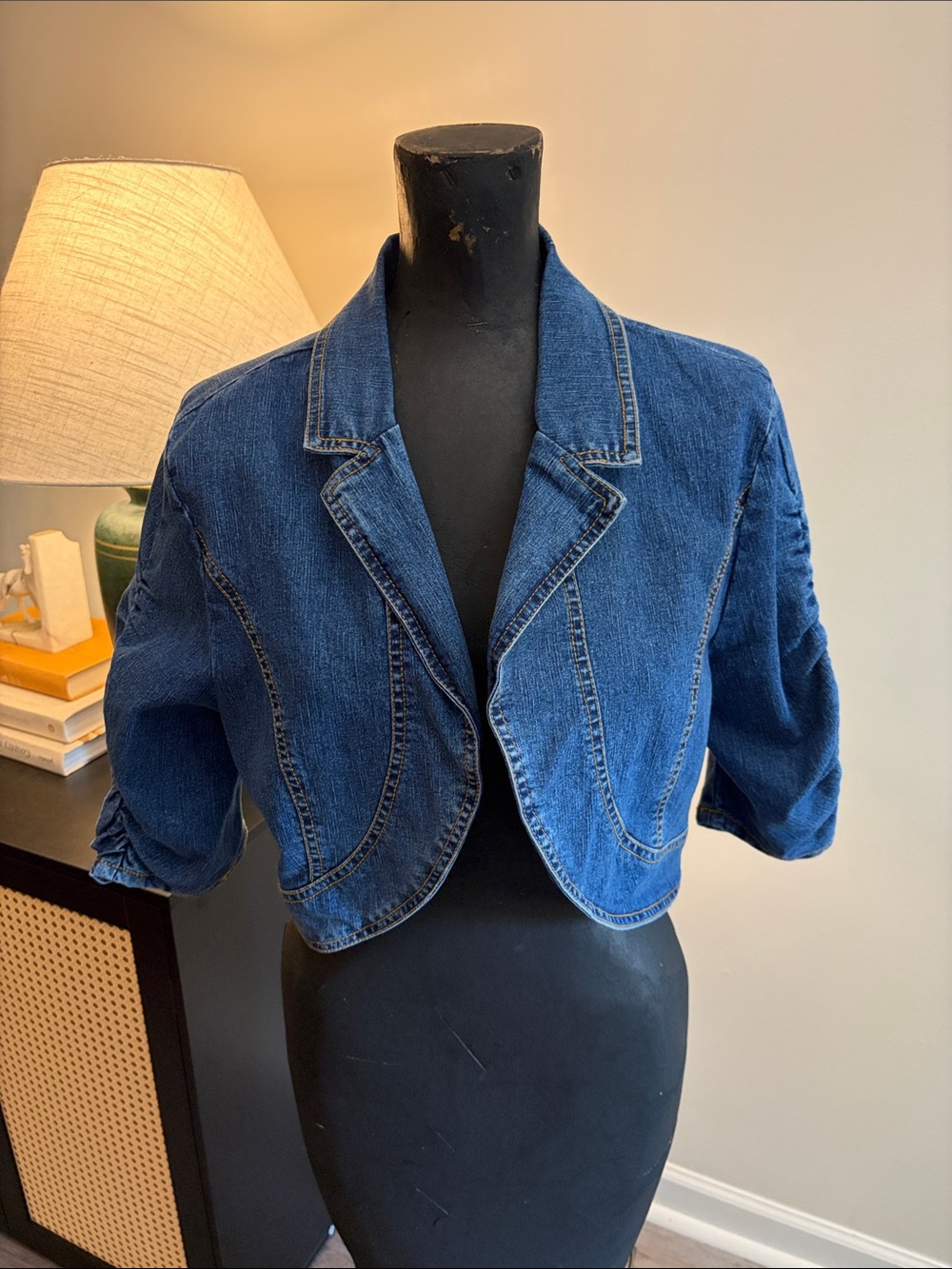 Last Kiss Y2K Indie Cropped OpenFront Denim Jacket XL Ruched Sleeves Alternative - Picture 3 of 15